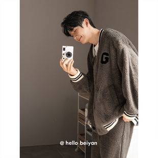 家居服可外穿宽松休闲法兰绒套装 珊瑚绒睡衣秋冬季 加厚保暖男士