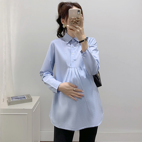 孕妇秋装新款纯色系带工作服衬衣
