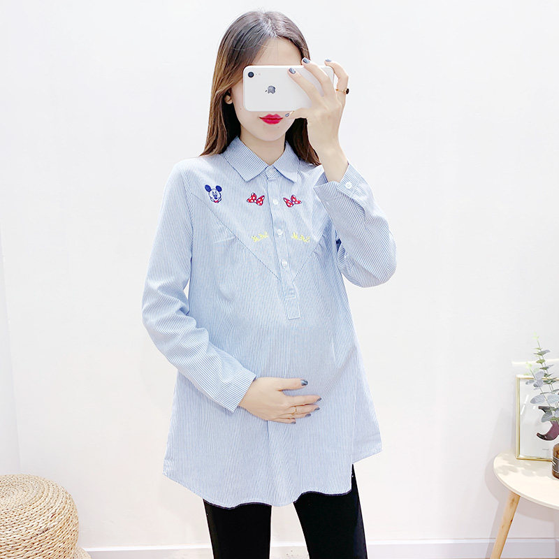 신상 임부복 셔츠 봄 가을 블루 스트라이프 중장 라펠 탑 패셔너블한 대형 루즈 스트라이프 다용도 셔츠 스커트