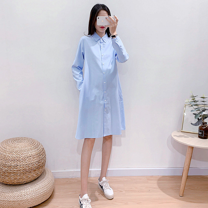 MATERNITY SHIRT SPRING AUTUMN NEW LONG SLEEVE BLUE PROFESSIONAL WEAR FASHION OVERALLS SOLID COLOR LAPEL LONG SHIRT DRESS
