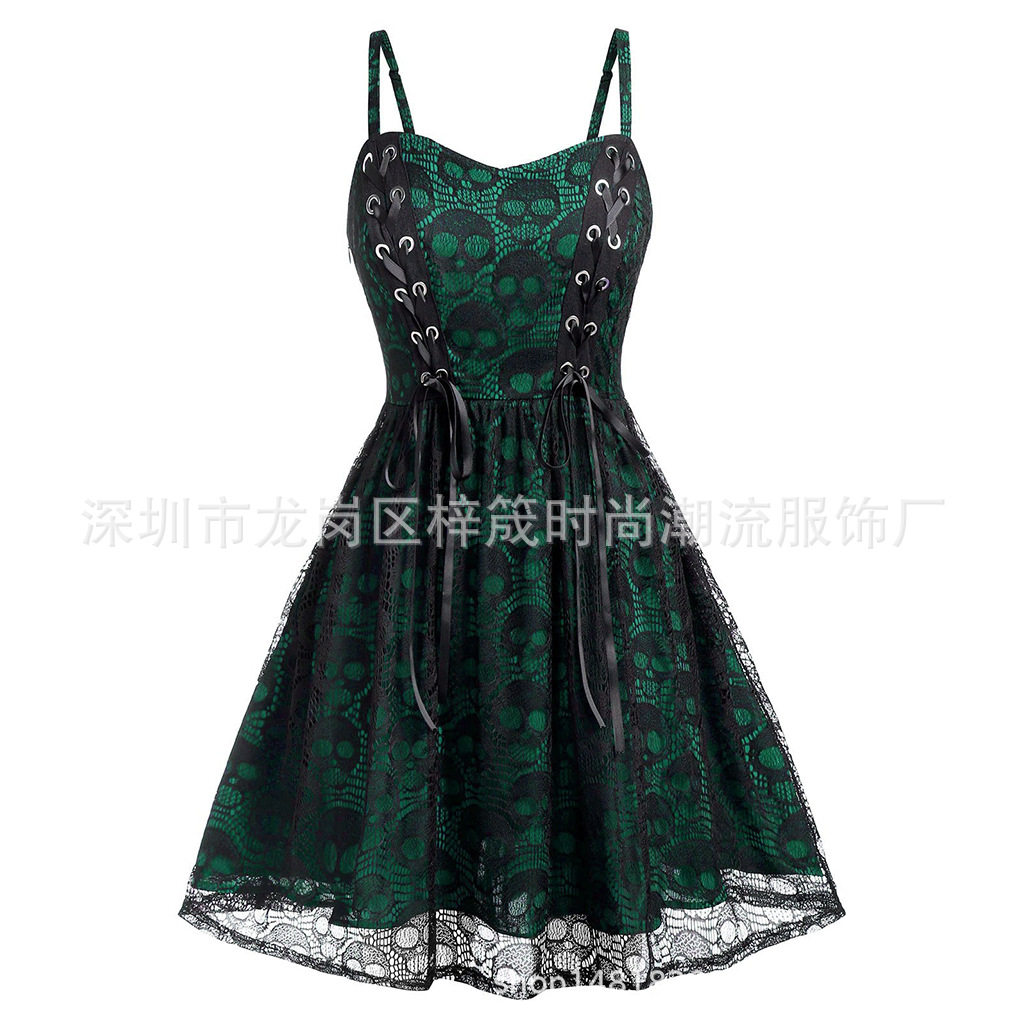 新款速卖通亚马逊whis爆款女士蕾丝骷髅头网纱无袖吊带连衣裙现货