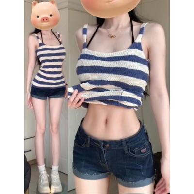 蓝色条纹无袖吊带背心女