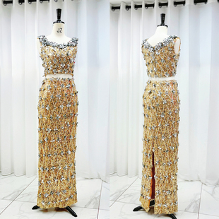 实拍图金色手工缝制两件套正式派对晚礼服 奥斯卡德拉兰搭裙子装