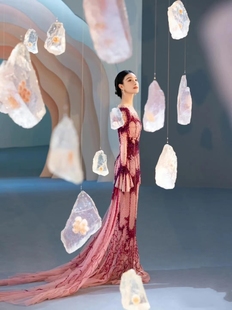 倪妮明星同款紫色重工钉珠晚礼服高端优雅气质名媛修身显瘦长裙