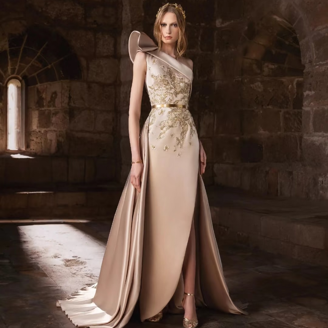 Elie saab 单肩钉珠开叉时尚红毯晚礼服新娘敬酒服 舞会颁奖正装