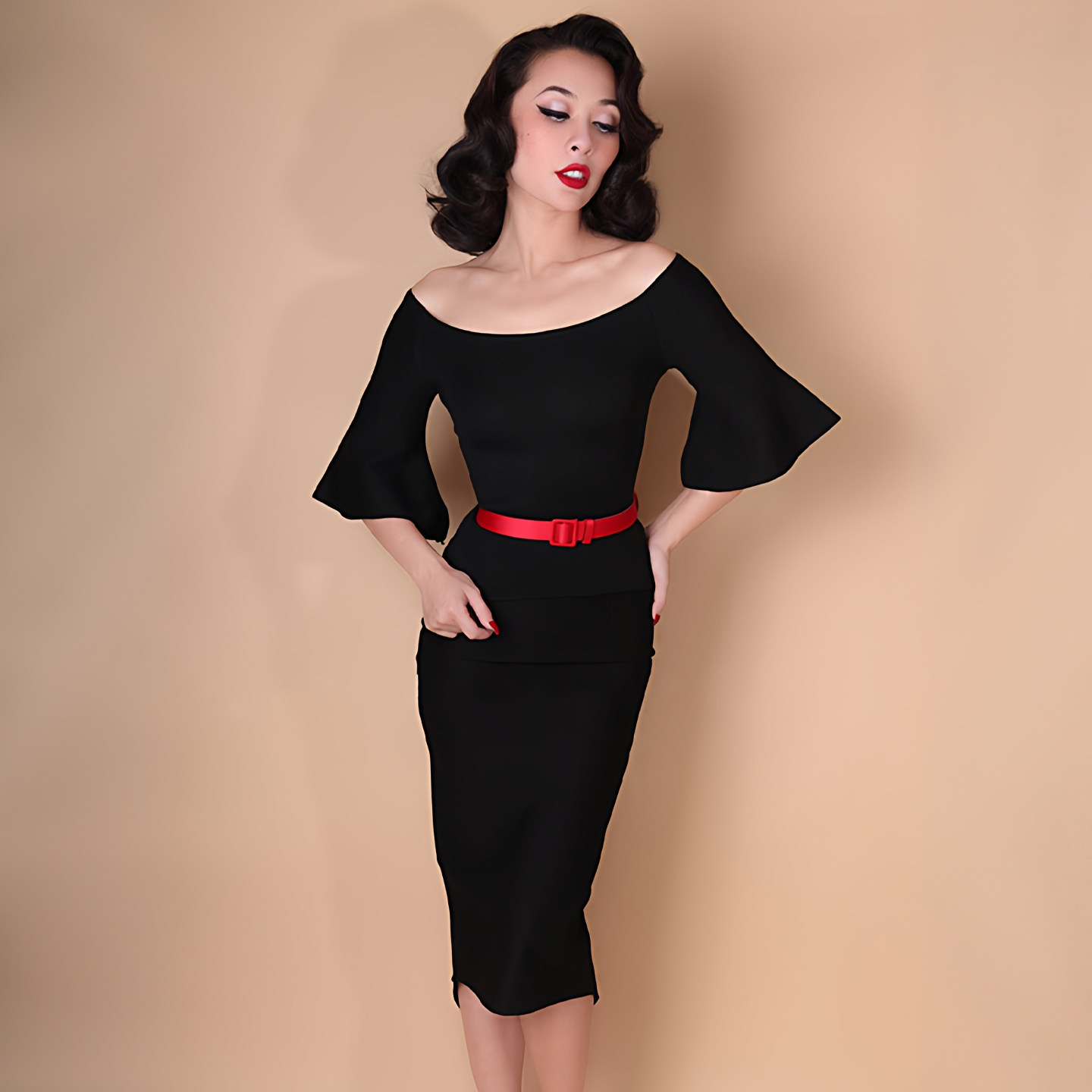 复古高腰中长款修身显瘦针织后开叉包臀裙黑色不规则燕尾半身裙子