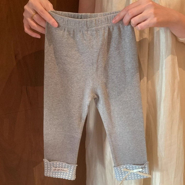 女童打底裤春款2026新款女宝宝外穿品可爱格子拼接卷边法式长裤子