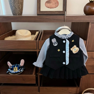 女宝韩系学院风马甲背心百褶裙毛衣打底衫 兔子警官 女童秋冬套装