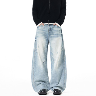 south life美式抓痕打褶设计破洞弯刀牛仔裤男女潮牌解构廓形长裤