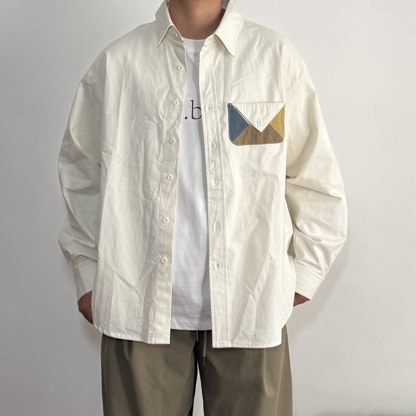 south life春秋日系复古中性风百搭拼色口袋长袖衬衫休闲宽松衬衣