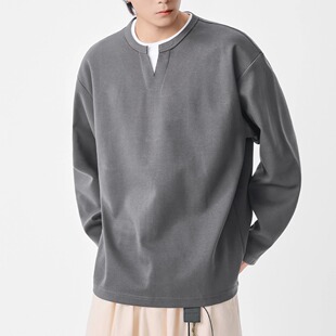 south life 秋季日系老钱风假两件圆领套头卫衣宽松百搭休闲T恤男