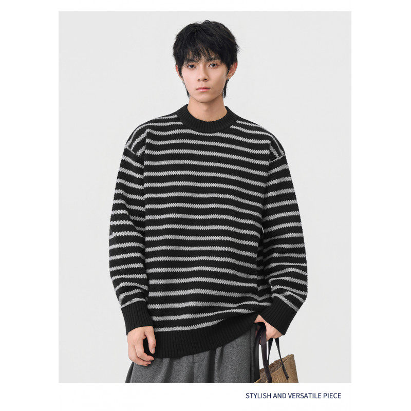 south life秋冬季百搭圆领针织衫条纹外套男女情侣款保暖毛线上衣