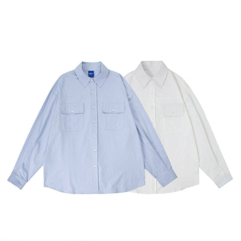 south life春季纯色全棉水洗两色韩版简约休闲工装口袋长袖衬衫