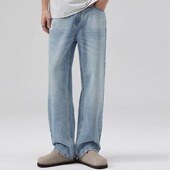 男直筒简约百搭宽松裤 south life春夏复古水洗冰蓝色牛仔裤 男女
