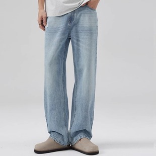 south life春夏复古水洗冰蓝色牛仔裤男直筒简约百搭宽松裤男女