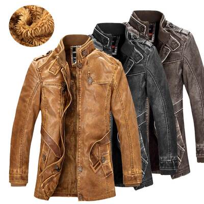 Men winter long leather jacket fashion motorcycle slim coat