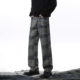 牛仔裤男款爆款2026新款格纹宽松直筒裤春秋季高街潮牌高级感裤子