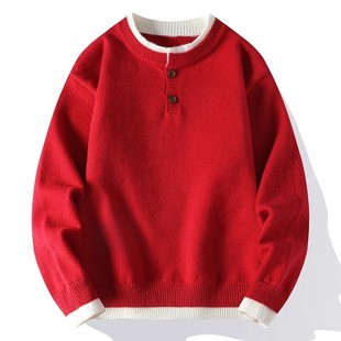 亨利领毛衣男款冬季不加绒不起球红色本命年打底衫低领双领针织衫