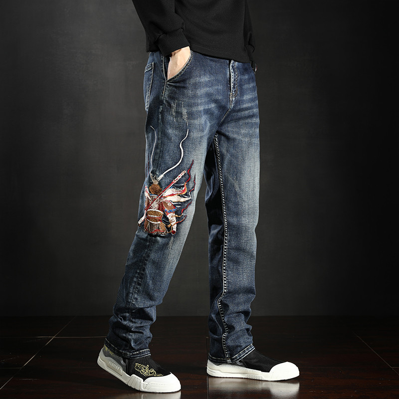 牛仔裤男款直筒宽松齐天大圣孙悟空刺绣国潮裤子潮牌高档国风长裤