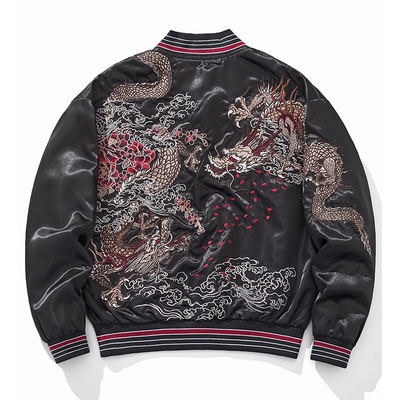 刺绣外套男款2025新款爆款高级感轻奢夹克后背龙图案国潮棒球服黑