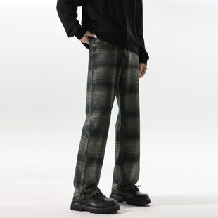 牛仔裤男款爆款2026新款格纹宽松直筒春秋冬季加绒加厚保暖裤子潮