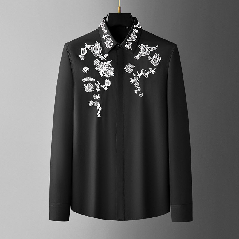 男士黑色衬衫长袖2026新款爆款高端刺绣衬衣春秋季青年休闲寸衣棉,男装,衬衫,淘宝优惠券,粉丝福利购,淘宝优惠卷