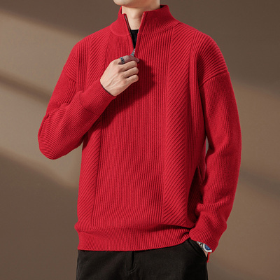 毛衣男款冬季拉链半高领打底衫不起球不变形针织衫红色本命年衣服
