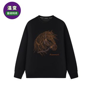 刺绣卫衣男潮牌高级感马图案变色秋季男装大码胖子不加绒圆领衣服