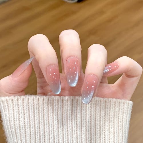 云晚海蓝~冰蓝渐变高级清冷感冰川蓝显白猫眼可拆卸美甲穿戴甲