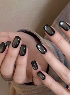 黑色玻璃珠猫眼穿戴甲新款高级可拆卸显白甜酷爆闪美甲贴片可拆卸