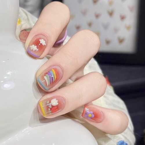 春日少女感ins风油画彩虹穿戴甲腮红白云花朵显白可拆卸美甲贴