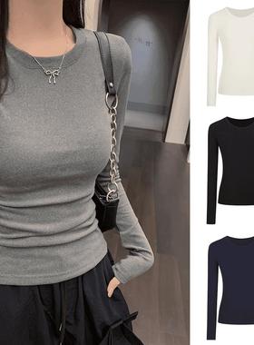 灰色收腰圆领打底衫女2024新款秋冬内搭修身长袖T恤女百搭上衣ins