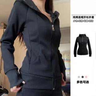 显瘦收腰瑜伽服休闲运动开衫 卫衣外套女春秋新款 连帽长袖 黑色修身