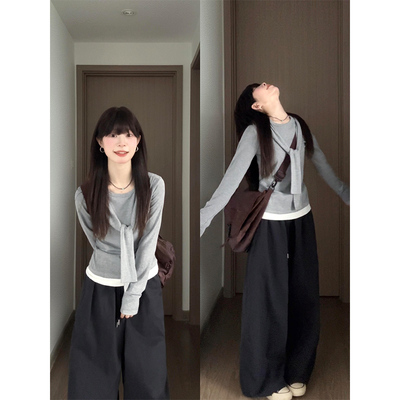 韩系假两件绑带圆领长袖T恤女潮