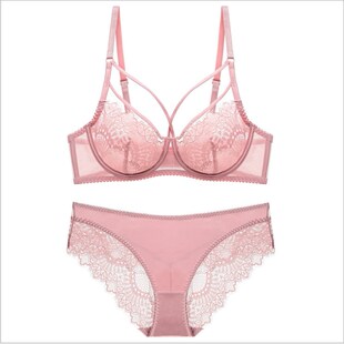 细带超薄款内衣大胸显小文胸套装性感透明黑色蕾丝胸罩DE杯火辣夏