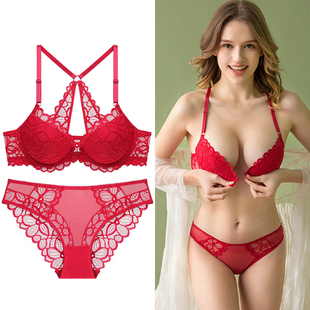 本命年结婚新娘红色内衣前扣美背文胸套装 性感蕾丝聚拢收副乳胸罩