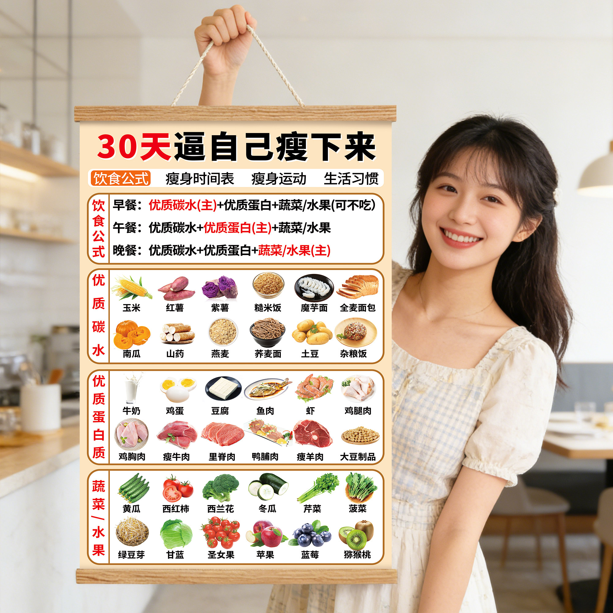 减肥食谱挂图一日三餐减肥计划表贴纸大体重一周30天减肥健康食谱