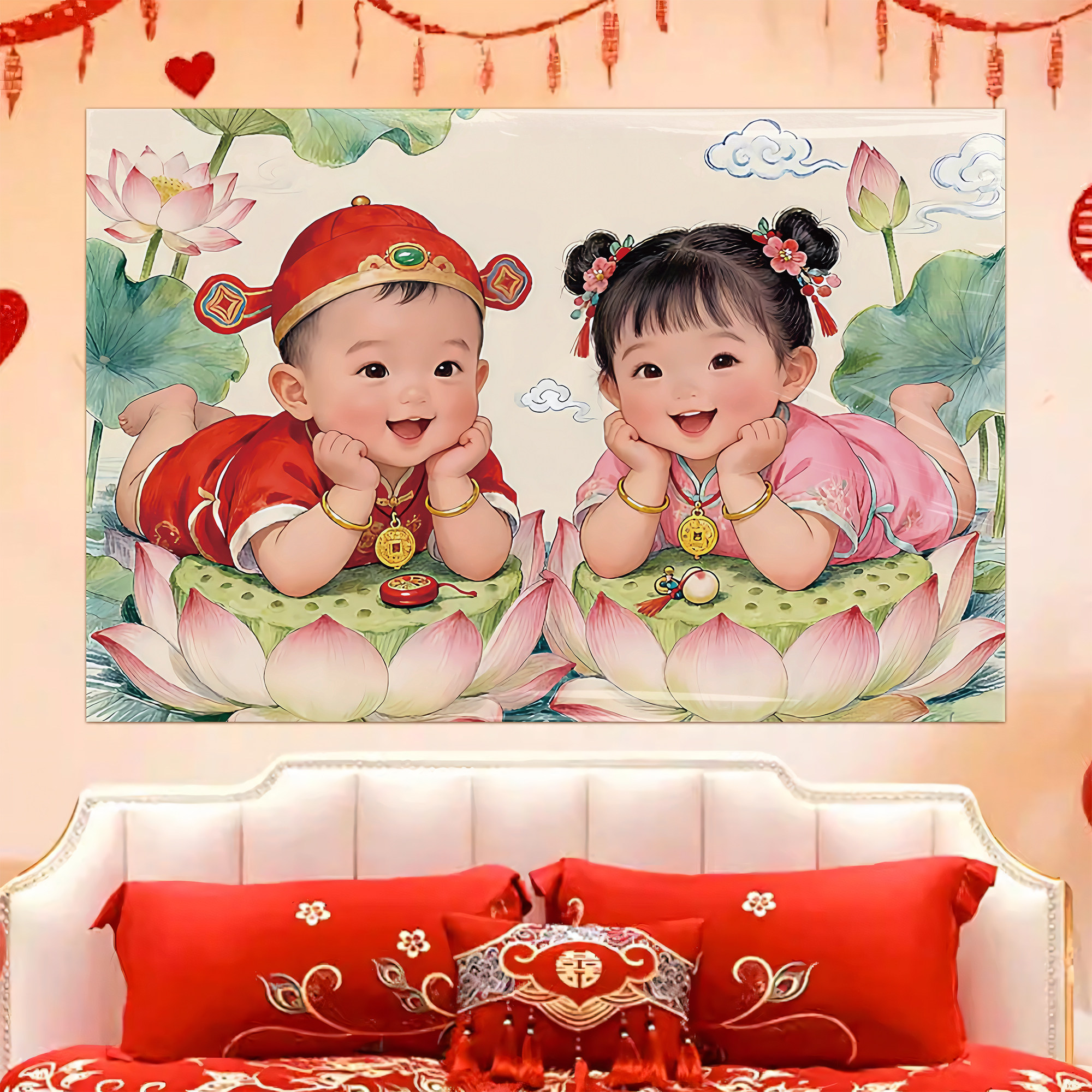 年画娃娃送子图龙凤胎备孕助孕宝宝画金童玉女卧室喜庆娃娃贴画qt
