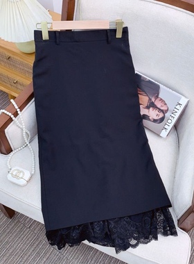ECHOADE时髦行走 精纺羊毛 中高腰下摆不对称设计蕾丝拼接半身裙