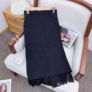 ECHOADE时髦行走 精纺羊毛 中高腰下摆不对称设计蕾丝拼接半身裙