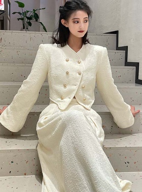 UNSPOKEN白色宫廷编织套装早秋新款设计感法式复古小香外套
