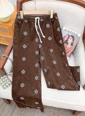 Owish 奈良少女秋冬 日本超细灯芯绒马赛克刺绣微喇超显瘦长裤