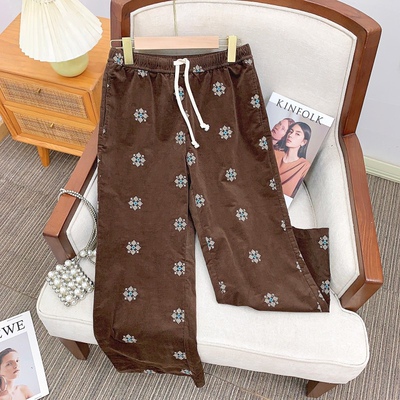 Owish 奈良少女秋冬 日本超细灯芯绒马赛克刺绣微喇超显瘦长裤