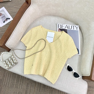 RR定制 KOKI 两色进口豆豆纱存在感万能v领短袖针织衫定制金属牌