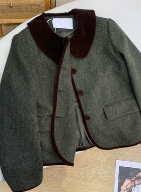 KOKI 丝绒彼得潘领羊毛人字呢乖乖轻松短外套杂军绿箱形宽松