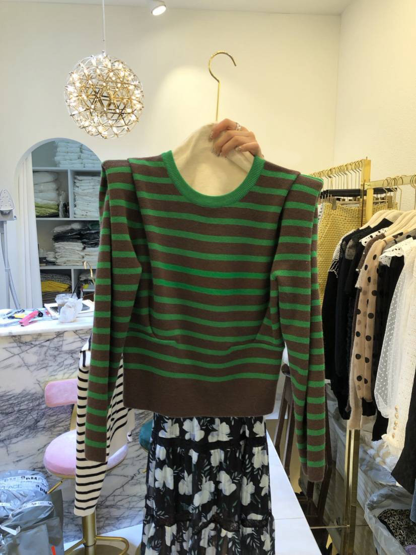 撞色条纹圆领长袖毛针织衫上衣