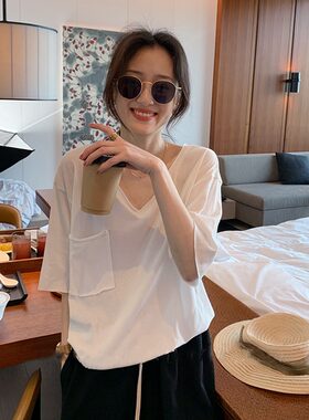 短袖韩版常规口袋纯棉女V领