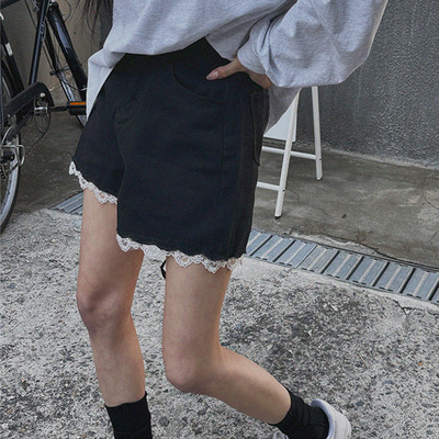 阔腿裤短裤牛仔2024春夏季蕾丝边