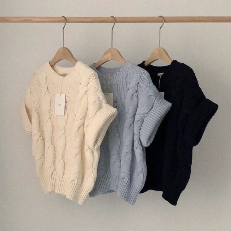 韩国东大门2025秋季新款复古麻花纹短袖圆领外穿百搭针织衫毛衣女