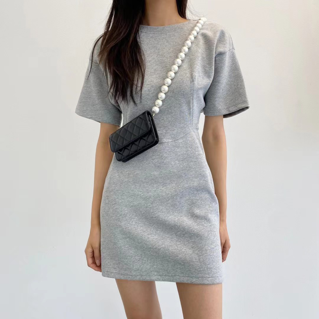 韩国东大门2024夏季新款圆领纯色高腰短裙休闲时尚包臀短袖连衣裙